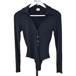 Aritzia Wilfred Long Sleeve V-Neck Ribbed  Collared Bodysuit Size XS Black